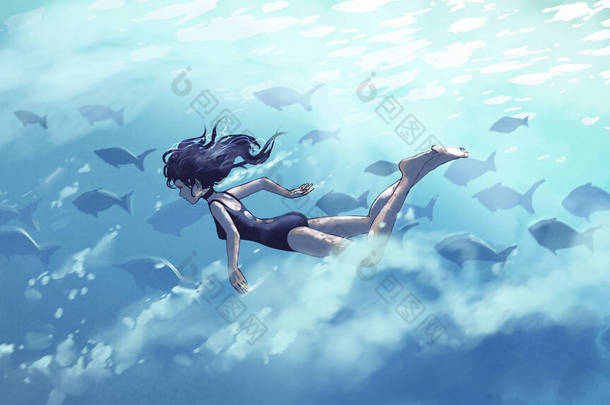 与一群鱼一起在海里潜水的年轻女子，数码艺术风格，插图绘画