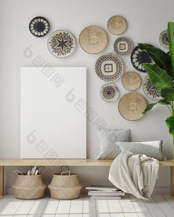 模拟海报框架在现代室内背景, 客厅, 斯堪的纳维亚风格, 3d 渲染, 3d 插图图片