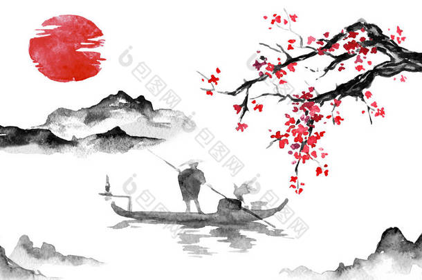 日本传统的染发漆。印第安墨水例证。人和船。山风景与樱花。日落, 黄昏。日语图片.