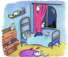 一个睡觉的男孩的插图，他全身都是滑稽的绵羊