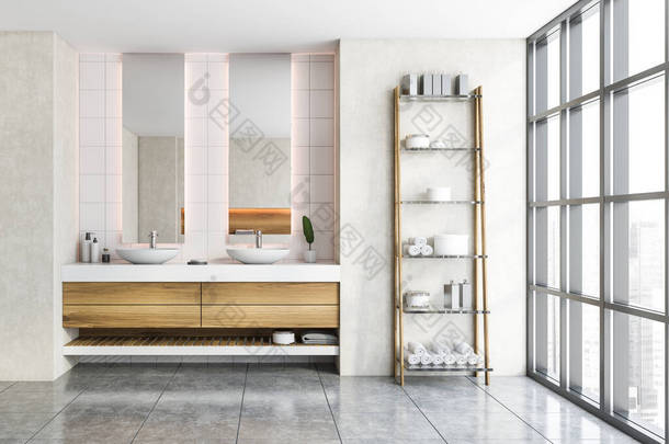 舒适的双层水槽矗立在时尚的浴室内部，白色的墙壁和混凝土地面。用<strong>化妆品</strong>保存起来。3d渲染