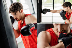 运动服和拳击手套训练中的运动员拼贴及拳击袋训练 