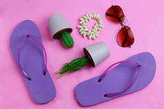 海滩紫色拖鞋，飞行员太阳镜，贝壳手镯和粉红色的仙人掌。暑假多彩旅游海滩平躺在免费文本复制空间
