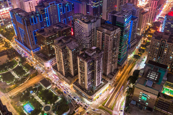 澳门夜景天际线、澳门城楼及塔楼的夜景.