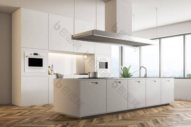 现代厨房的角落, 白色的墙壁, 木地板, 大窗户, 和白色的岛屿与内置家电。3d 渲染模拟