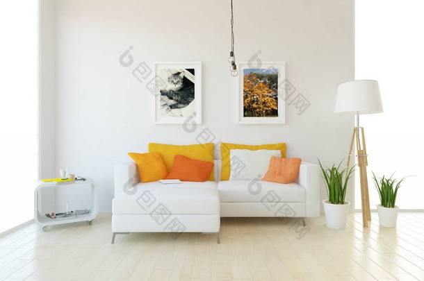 一个白色的斯堪的纳维亚客厅内部与沙发, 植物和木地板的想法。家北欧内饰。3d 插图 