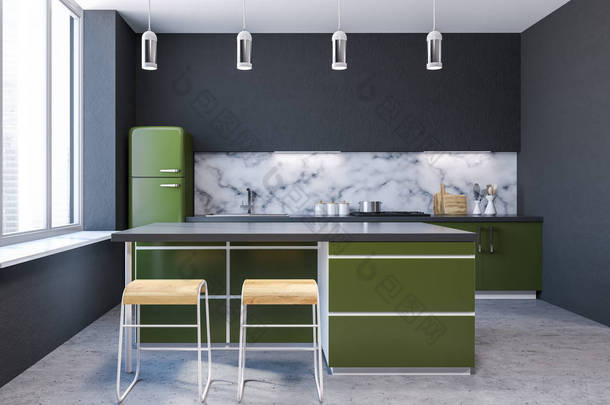 现代大理石墙厨房内部的大窗户, 混凝土地板和绿色的台面与内置的家电。酒吧与凳子在中心3d 渲染模拟