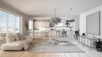 建筑师室内设计师概念：未完工的项目，变成现实，顶层客厅和厨房室内设计，坐式和地毯，餐桌，镶木地板，概念图片