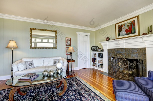 优雅的客厅壁炉和古董沙发。房地产