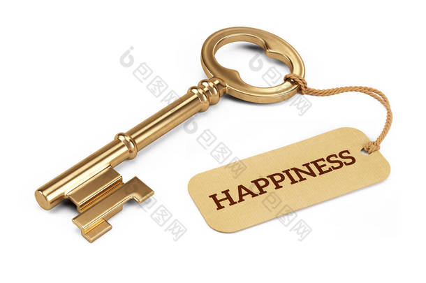 幸福概念-金钥匙与幸福标签上白色孤立的关键。3d 图