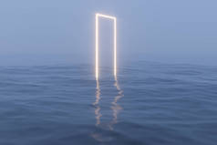 明亮的框架漂浮在湖面上，在水中反射，3D渲染.