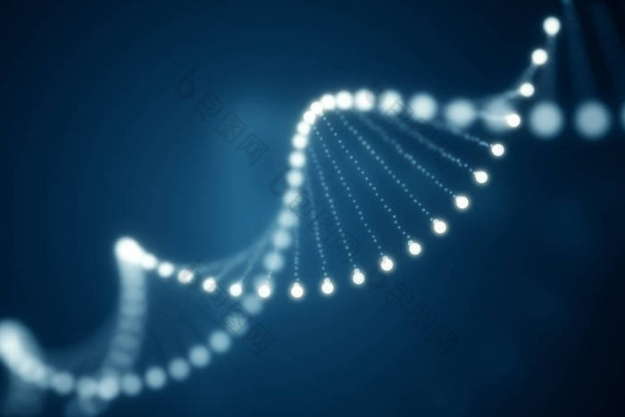 3d. 蓝色背景下旋转 Dna 发光分子的图解