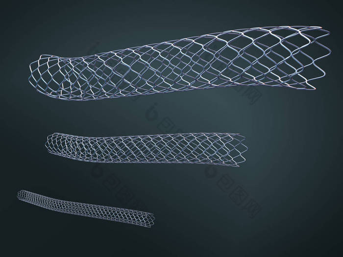 用于植入和支持血液循环进入血管的三个金属支架-3d 插图