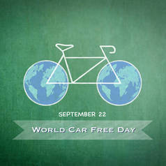 9月22日是世界无车日，粉笔画自行车，绿色滑板上有世界自行车轮子