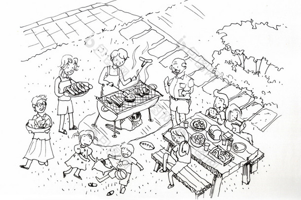 院子里的插图的烧烤晚会