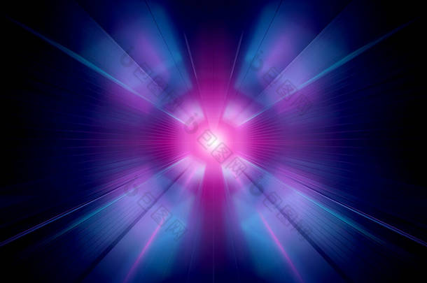蓝色和粉色霓虹灯隧道背景三维渲染中的缩放效果