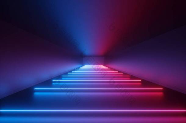3d 渲染, 发光线, 霓虹灯, 抽象的迷幻背景, 走廊, <strong>隧道</strong>, 紫外线, 频谱鲜艳的颜色, 激光显示