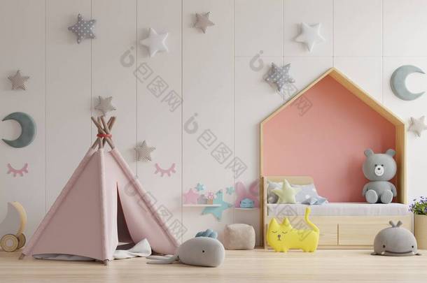 卧室里的小孩/<strong>床上</strong>的小孩房间，在五颜六色的卧室里有枕头。 3D渲染