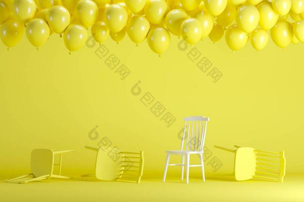杰出的白色椅子与浮动黄色气球在黄色柔和的背景室工作室。最小的想法创意概念.