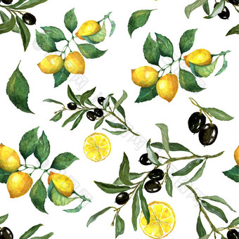 柠檬、柠檬片、橄榄和橄榄枝的水彩画. 包装、包装纸、纺织品、菜单、卡片、横幅等的优秀设计图片