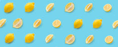 蓝色背景，图案，扁平的黄色柠檬。夏季概念