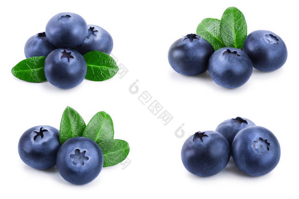 新鲜的蓝莓与叶子隔离在白色背景<strong>特写镜头</strong>。设置或集合