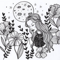 花园里一个女孩的画像。 美丽的花朵，月亮和星星。 图形化手绘插图