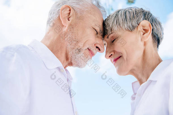 微笑的高级夫妇触摸额头与蓝天下闭上眼睛