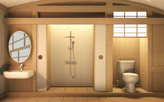 禅设计浴室木墙和地板 - 日本风格。3d r
