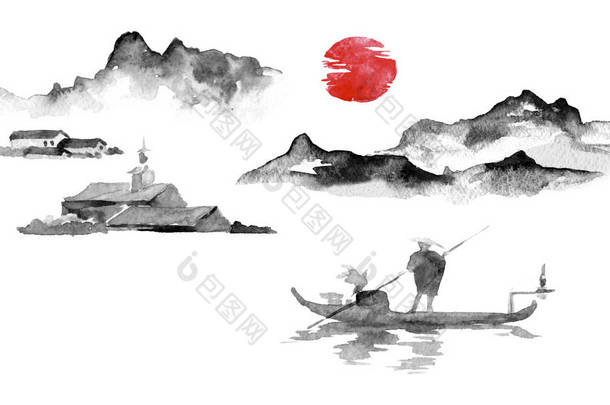日本传统的染发漆。印第安墨水例证。人和船。山风景。日落, 黄昏。<strong>日语</strong>图片.