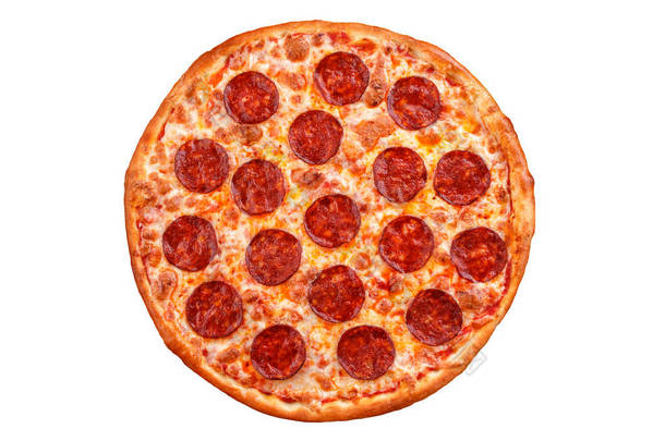 意大利辣香肠比萨饼。白色背景上的意大利披萨.