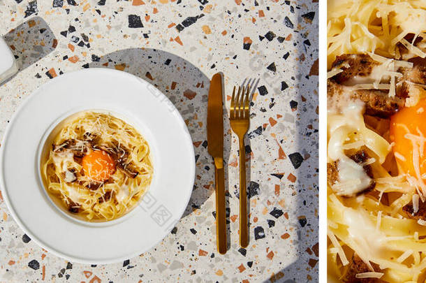 在阳光普照的石桌上，用金制餐具、盐和胡椒搅拌器<strong>拼凑</strong>成美味的意大利面