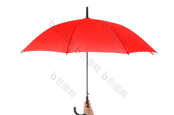 手持时尚红色雨伞的妇女  