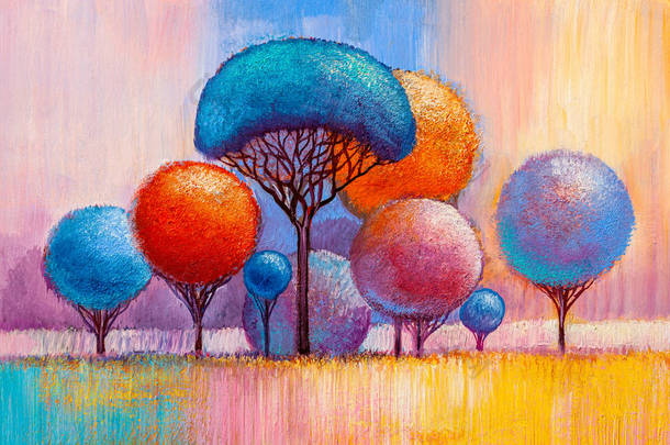 油画风景, 五颜六色的树木。手绘印象派, 户外景观.