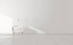 客厅空间，小白桌，木墙和层压地板上的挂灯。最小室内设计视角。3d 渲染.