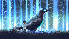 小女孩与她的大乌鸦站在蓝色的 forset 与发光的树木, 数字艺术风格, 插图画