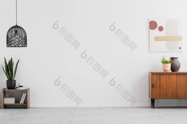 复古, 木制橱柜和一幅画在空荡荡的起居<strong>室内</strong>, 白色的墙壁和复制空间的地方为沙发。真实照片.