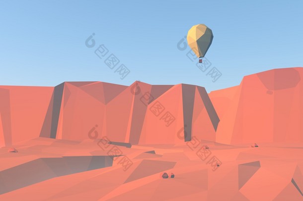 3d 低聚与气球飞越峡谷和红色岩石沙漠风景背景.