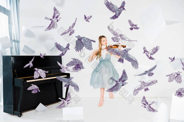 漂浮的女孩在蓝色礼服演奏小提琴与鸟例证
