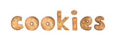 单词COOKIES由真正的饼干。白色背景下孤立的手绘水彩画