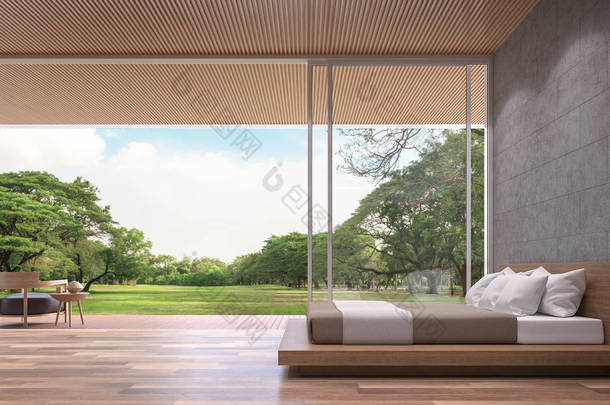 现代卧室3d 渲染图像。房间有木制地板、混凝土瓷砖墙和木格子<strong>天花板</strong>. 配有木制家具。有敞开的门俯瞰大花园.
