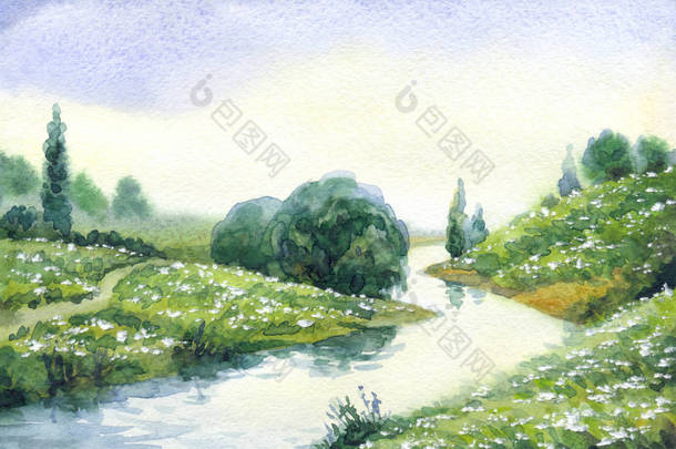 水彩画 夏田里的河