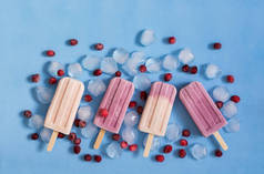 粉红色和紫色的冰淇淋在棍子上, 蓝色的背景。浆果冰淇淋与冰冻浆果。美味的夏日甜点。从上面查看。冷冻酸奶.