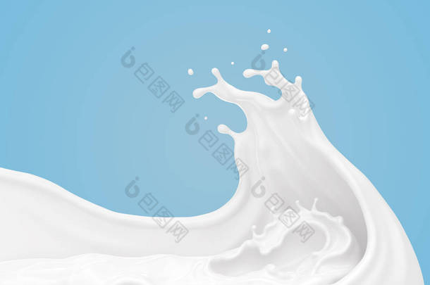 白色牛奶或酸奶，波状飞溅，在蓝色背景上隔离，3D渲染包括剪切路径.