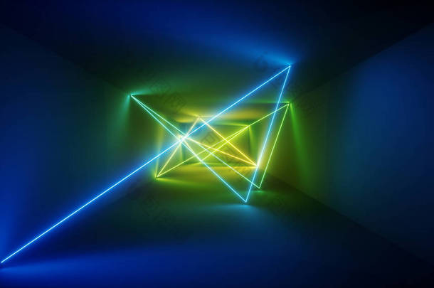 3d 渲染, 激光显示, 夜总会室内灯, 蓝色绿色发光线, 抽象荧光背景, 房间, 走廊