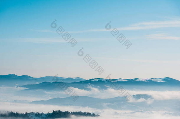 白色蓬松的云彩覆盖着松树的雪山风景