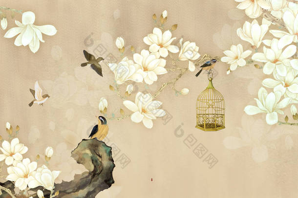 3D插图，米色背景，枝条上的白色木兰花，鸟类