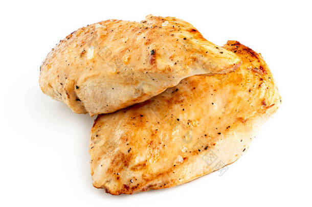两个全锅烤鸡胸肉用白色隔离.