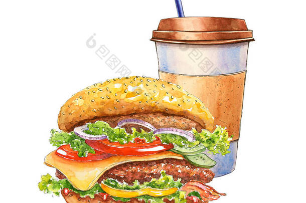 水彩画汉堡和咖啡 牛肉汉堡包与牛排，奶酪，培根，沙拉，咖啡。 手绘快餐。 咖啡店和餐厅的设计。 菜单说明