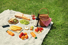 柳条篮子和食物在毯子在公园。夏季野餐